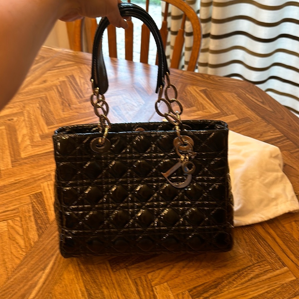 CHRISTIAN DIOR Cannage Patent Leather Tote Bag Black.